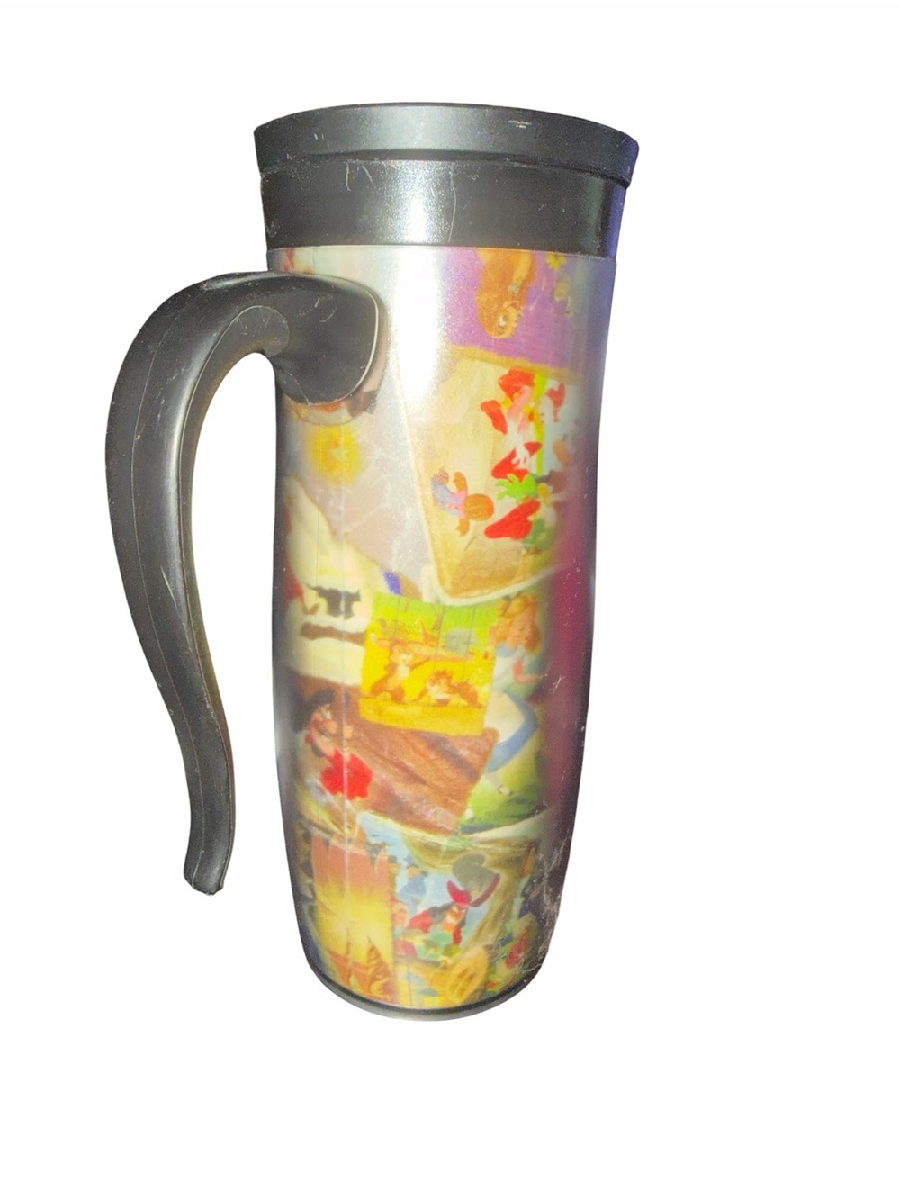 Insulated Travel Mug with Colorful Disney Collage Design - Black Handle
